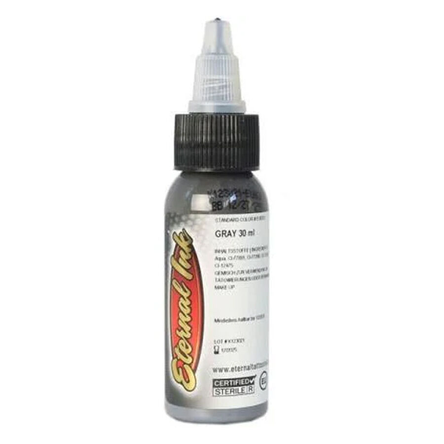 Harmaa Eternal Ink tatuointiväri 30ml pullossa valkoisella taustalla