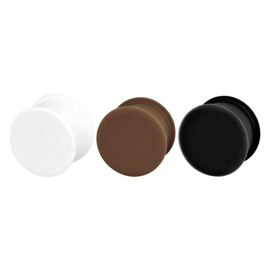 Kaos Softwear Hollow Plug mustana, valkoisena, ruskeana Kolme Kaos Softwear Hollow Plugia silikonista mustana, valkoisena ja ruskeana valkoisella taustalla