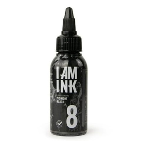Musta I AM INK -pullo, jossa 50ml Midnight Black -mustetta valkoisella taustalla