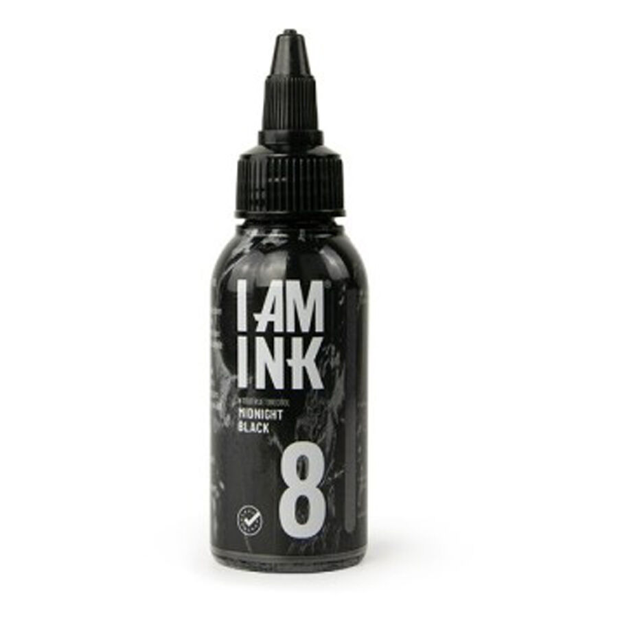 I AM INK Tatuointimuste Midnight Black 50ml Musta I AM INK -pullo, jossa 50ml Midnight Black -mustetta valkoisella taustalla