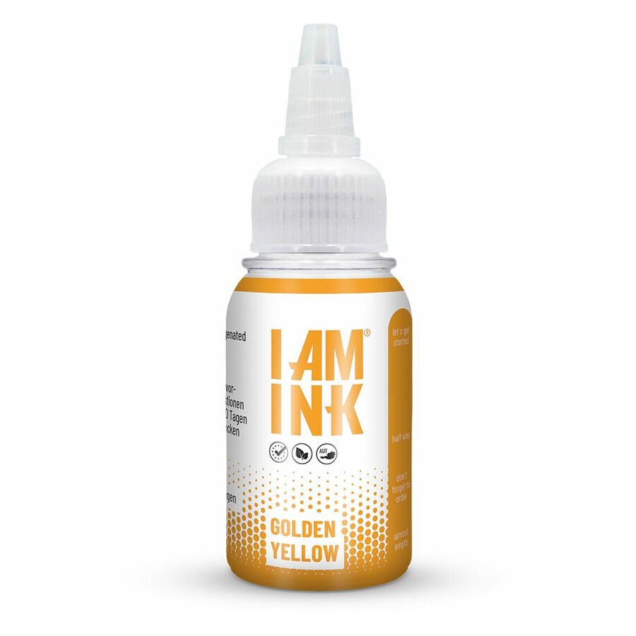 Tatuointiväri Golden Yellow 30 ml I AM INK Tatuointiväri oranssissa pullossa, jossa valkoinen korkki, valkoisella taustalla