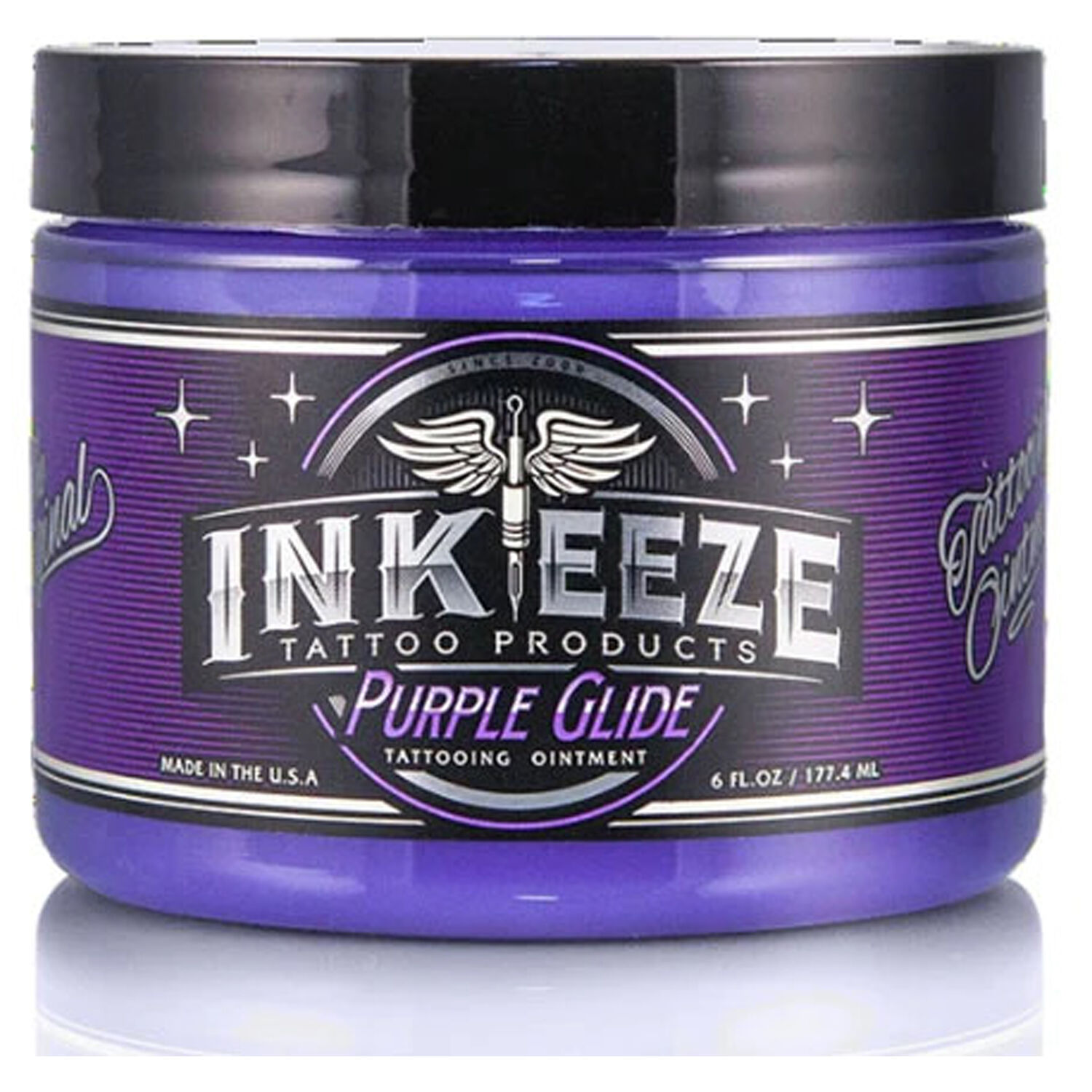 Purppura tattoovoidepurkki Ink Eeze -logolla valkoisella taustalla