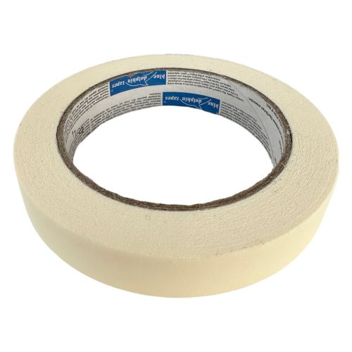 Beige teippi valkoisella taustalla, rulla sinisellä sisäetiketillä