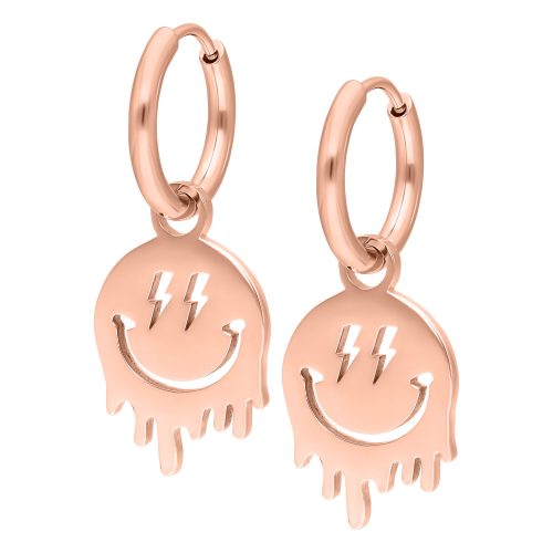 Kaksi rosékultaista rengasta, joissa on smiley-riipukset valkoisella taustalla