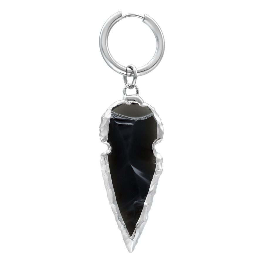 Hopeiset minihoopsit mustalla obsidiaaniriipuksella valkoisella taustalla