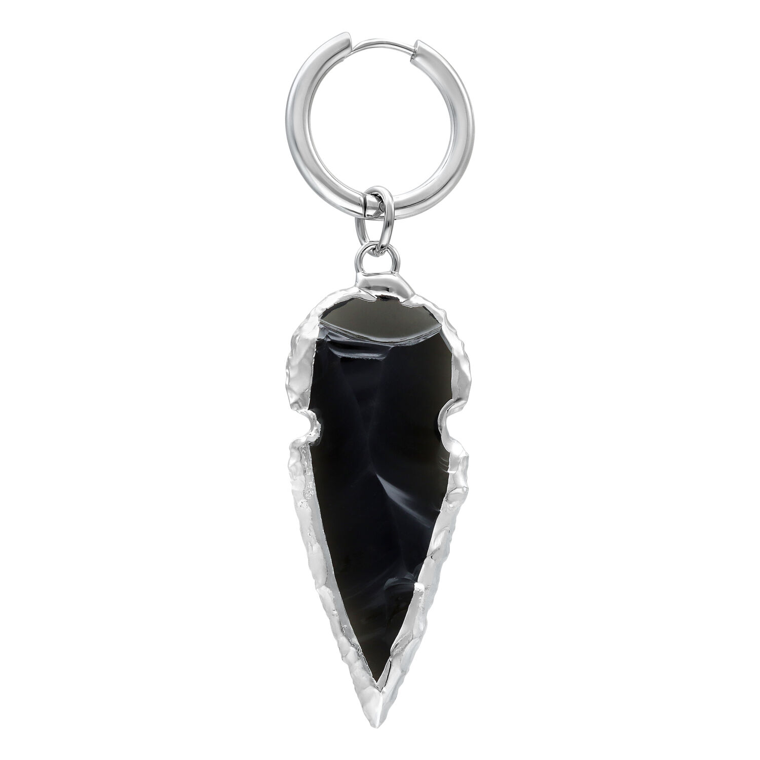 Hopeiset minihoopsit mustalla obsidiaaniriipuksella valkoisella taustalla