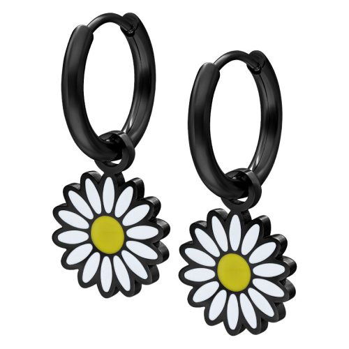 Musta Daisy Hoops -korvakorut kirurginteräksestä, päivänkakkarariipuksella valkoisella taustalla