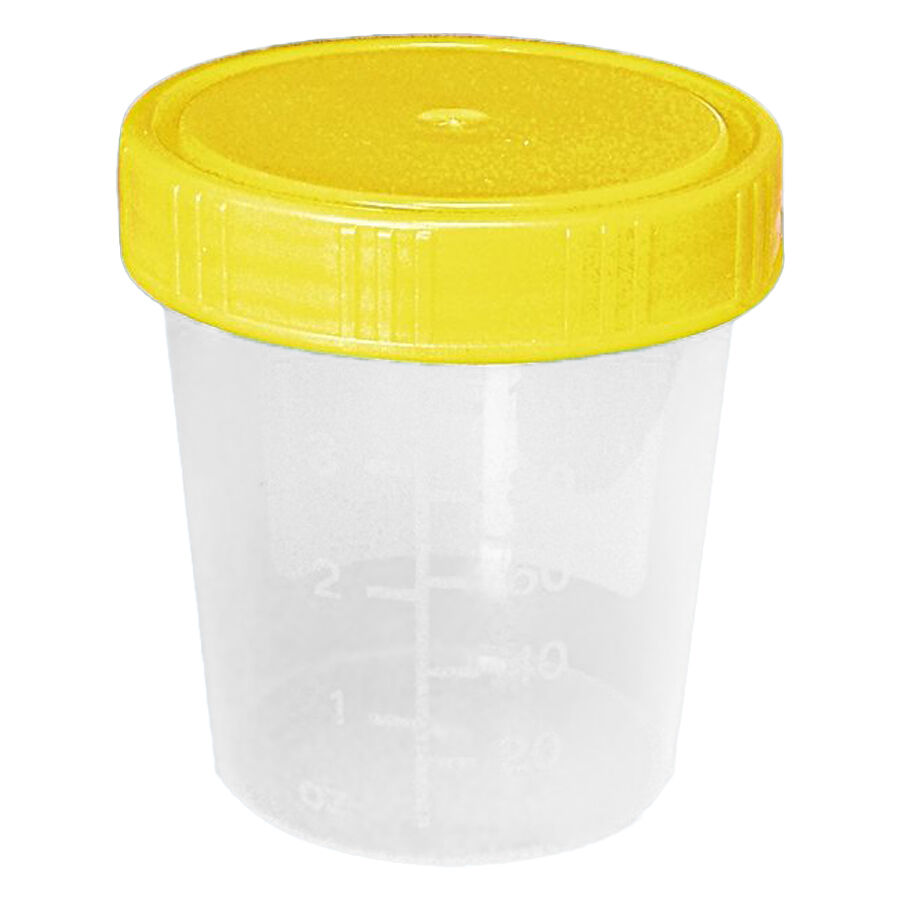Steriili kuppi 100ml, läpinäkyvä runko keltaisella kannella