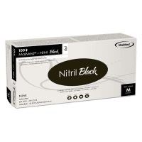 MaiMed Nitril Black -käsineet mustana Mustat MaiMed Nitril Black -käsineet pakkauksessa valkoisella taustalla