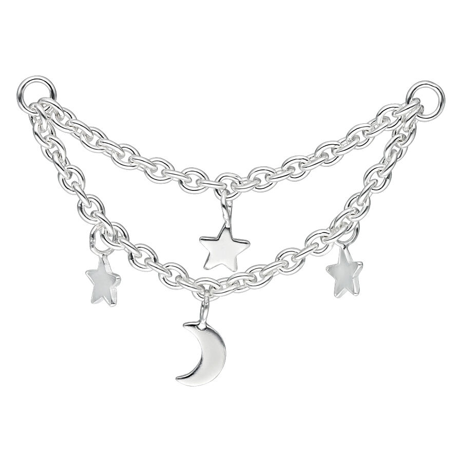 Hopeanvärinen Moon & Stars -lävistysketju Kaksirivinen hopeanvärinen lävistysketju, jossa kuu ja tähtiä valkoisella taustalla