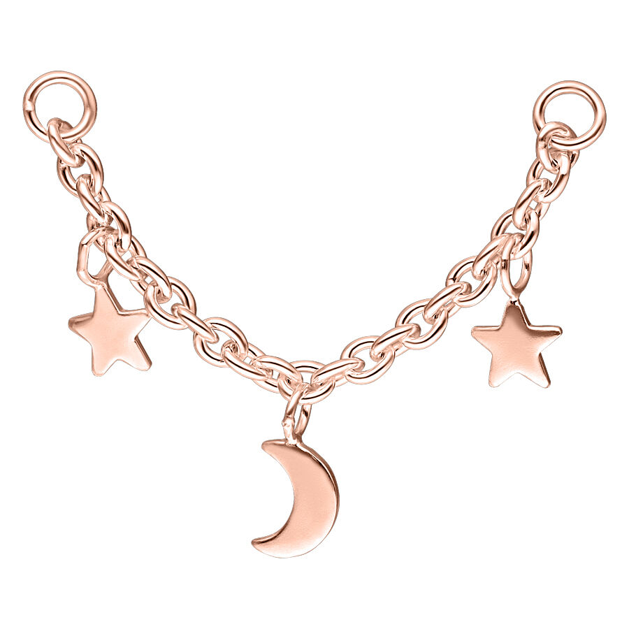 Moon & Stars lävistysketju ruusukullassa Ruusukultainen lävistysketju, jossa kuu ja tähdet valkoisella taustalla