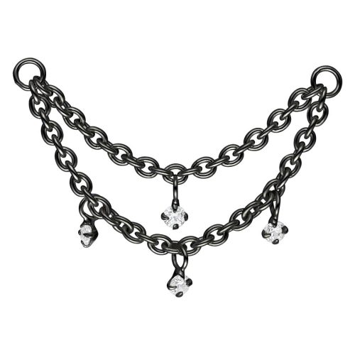 Musta, monikerroksinen piercingketju kristalliriipuksilla valkoisella taustalla