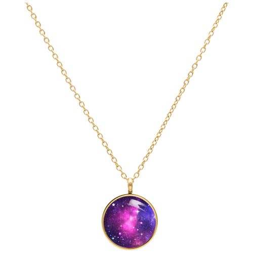 Kultainen kaulakoru, jossa pyöreä riipus pinkki-violetti Galaxy-muotoilulla valkoisella taustalla