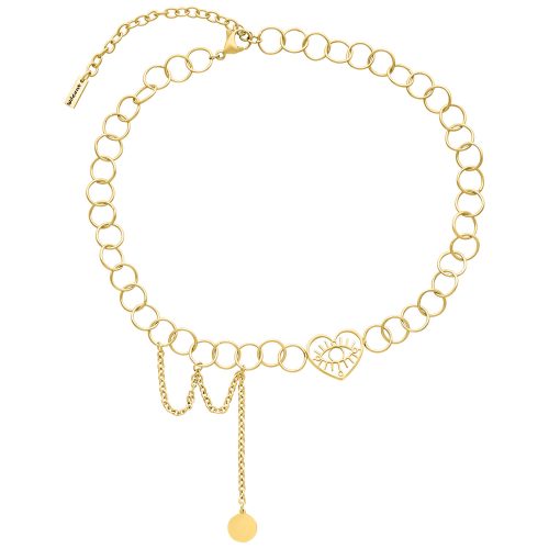 Kultainen choker, jossa sydänsilmä-riipus valkoisella taustalla