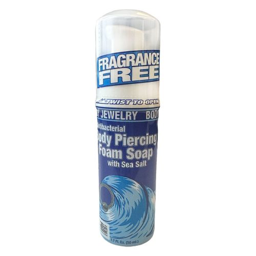 Sininen Piercing Foam Saippua pullo, 50 ml, valkoisella taustalla