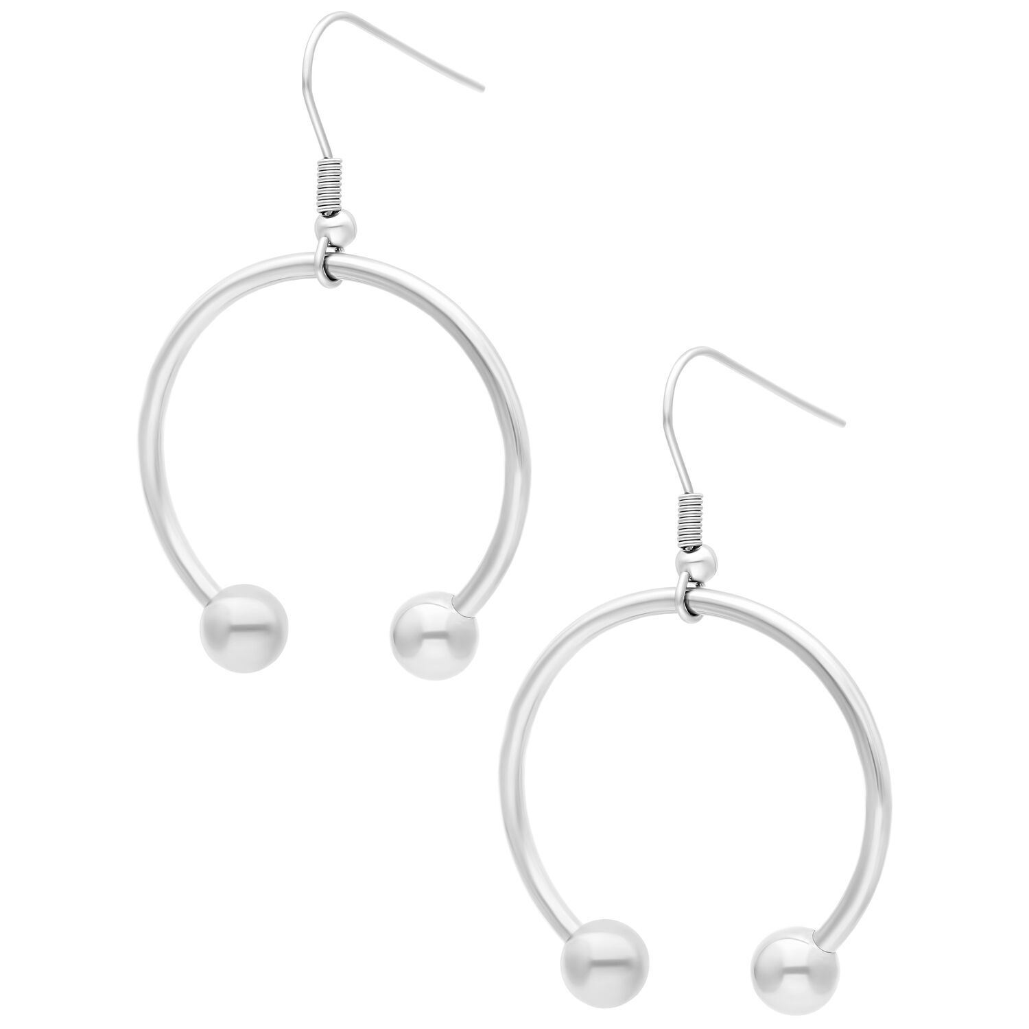 Hopeiset Circular Barbell -korvakorut kirurginteräksestä valkoisella taustalla