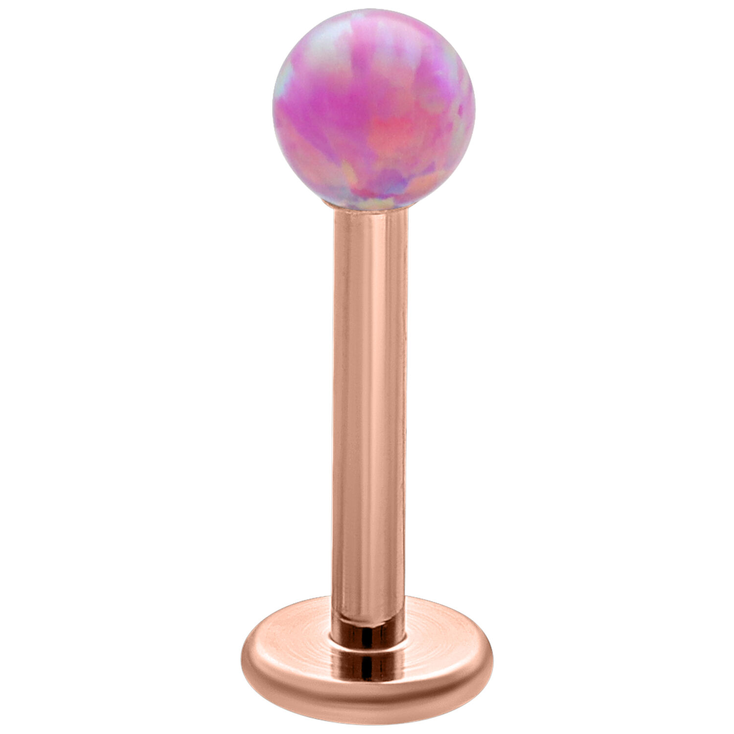 Bubble Gum Opal Labret - 5 mm Ruusukulta Ruusukultainen labret, jossa 5 mm Bubble Gum Opal -pallo valkoisella taustalla