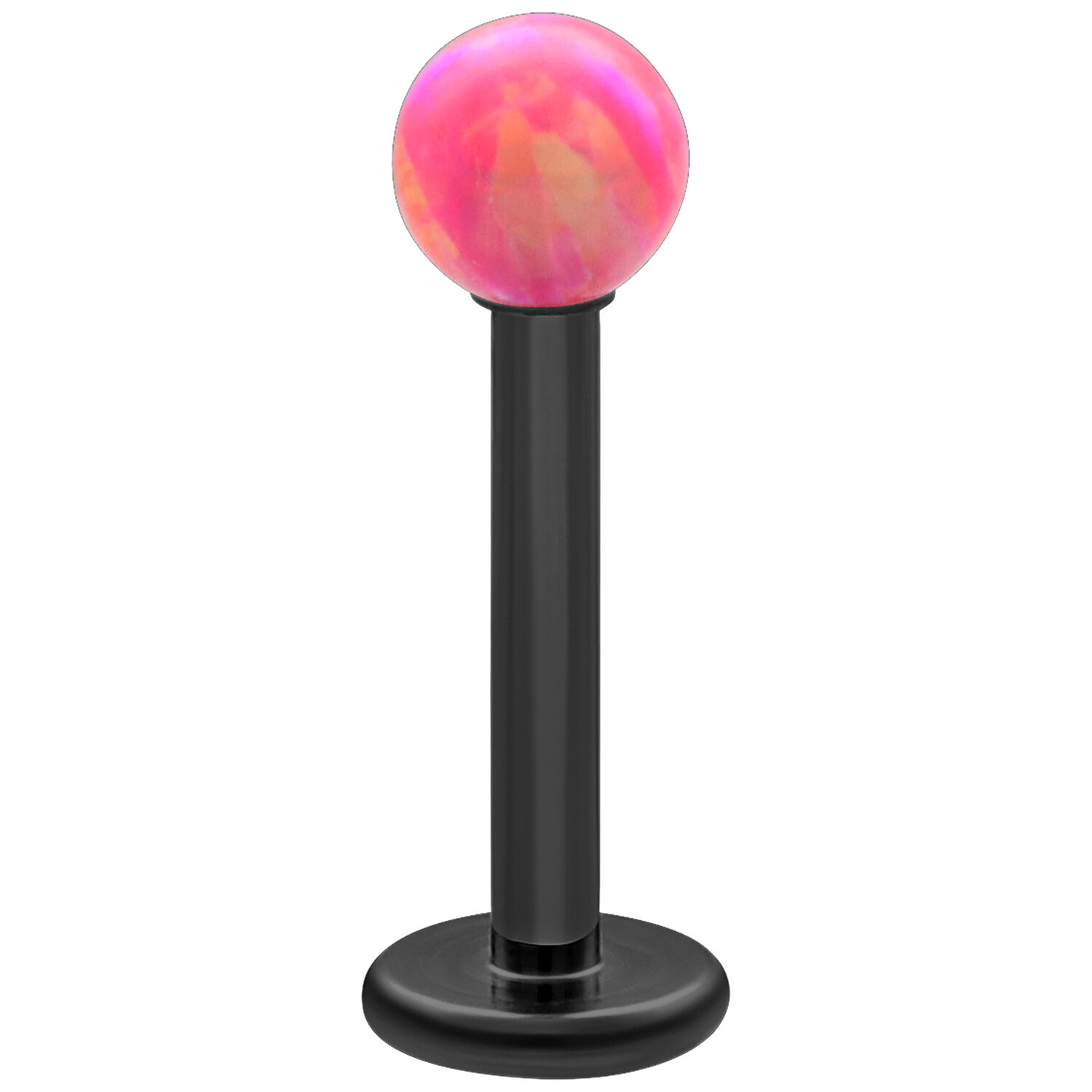 Labret, jossa Light Hot Pink Opal pallo, 5 mm Musta titaani labret, jossa 5 mm Light Hot Pink Opal pallo valkoisella taustalla