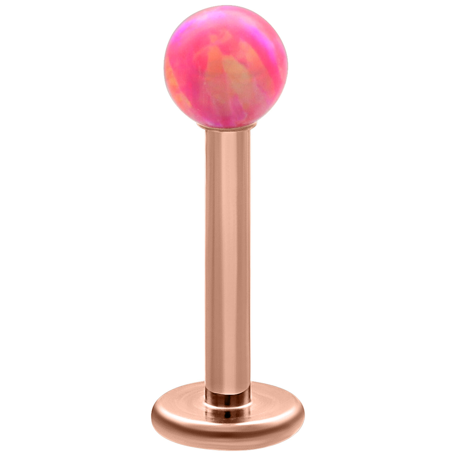 Opalipallo Labret 5,0 mm ruusukullassa Labret ruusukultaisella varrella ja vaaleanpunaisella opaalipallolla valkoisella taustalla