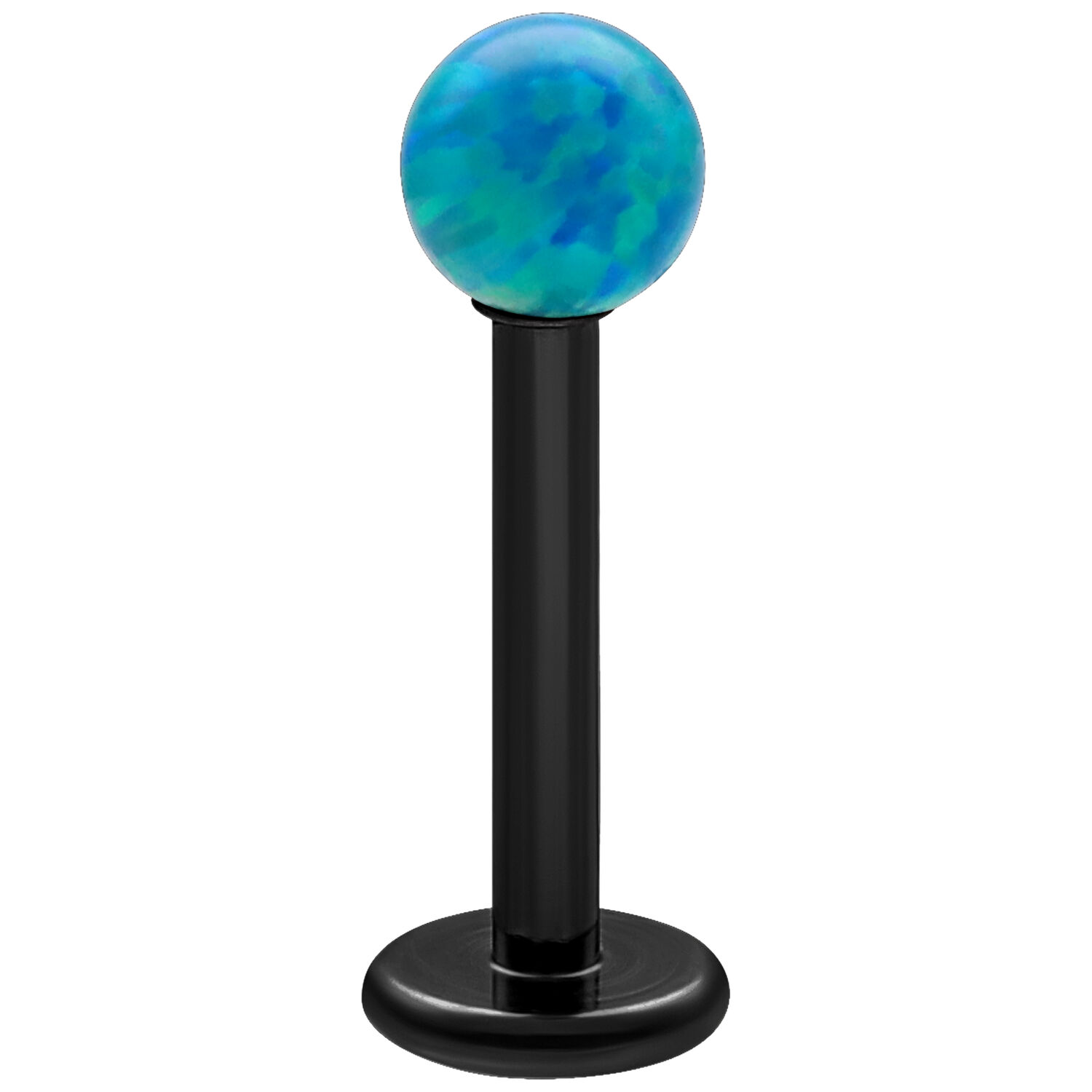 Laivastonsininen Opal Micro Labret 5,0 mm Labret, jossa laivastonsininen opaali mustassa titaanitangossa valkoisella taustalla