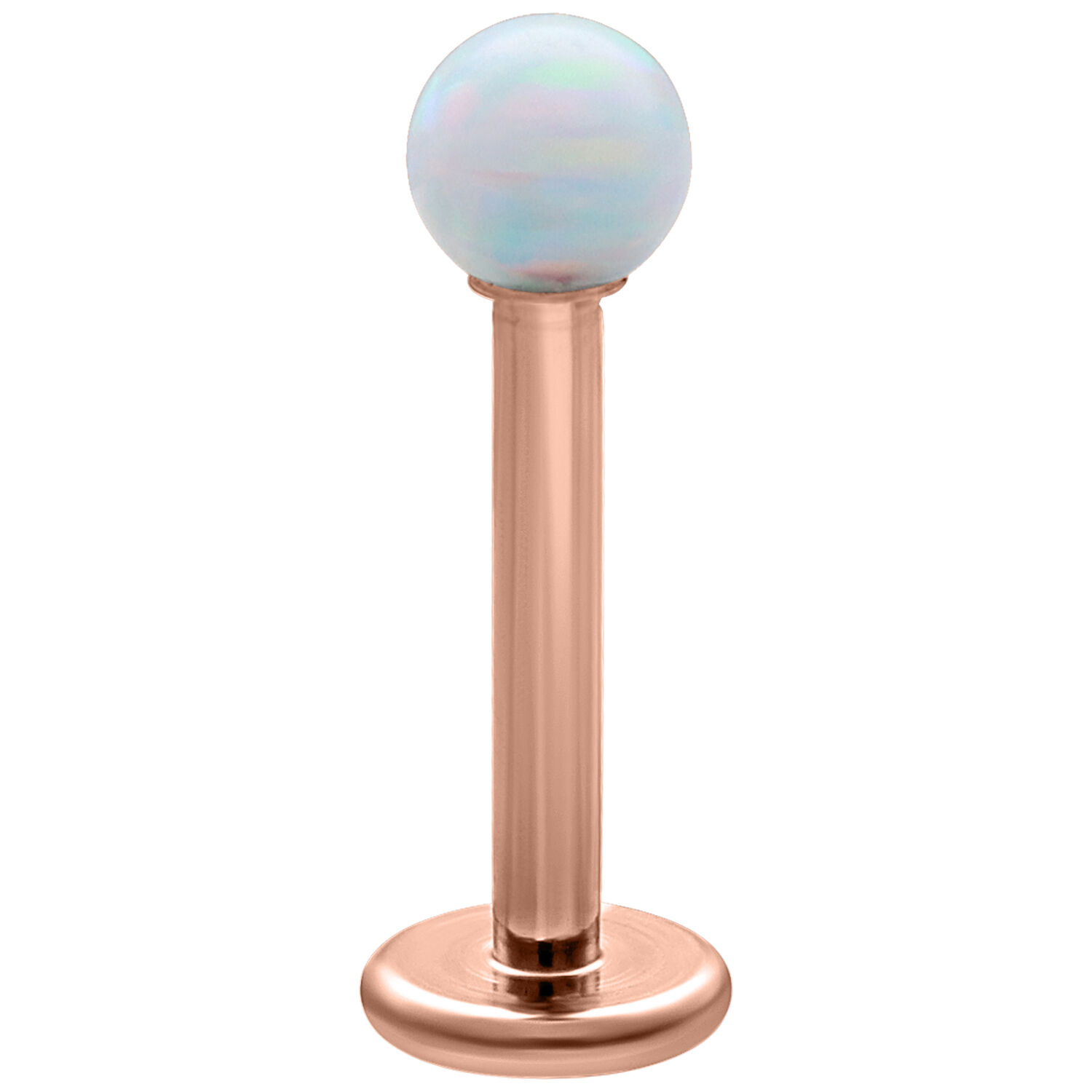 Valkoinen opaali labret ruusukultapinnoitteella Labret valkoisella synteettisellä opaalilla ja ruusukultapinnoitteisella titaanitangolla valkoisella taustalla