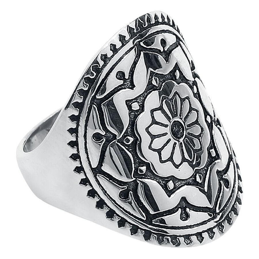 Mandala-sormus kirurginteräksestä hopeanvärisenä Hopeanvärinen Mandala-sormus kirurginteräksestä, jossa on yksityiskohtainen kuvio valkoisella taustalla