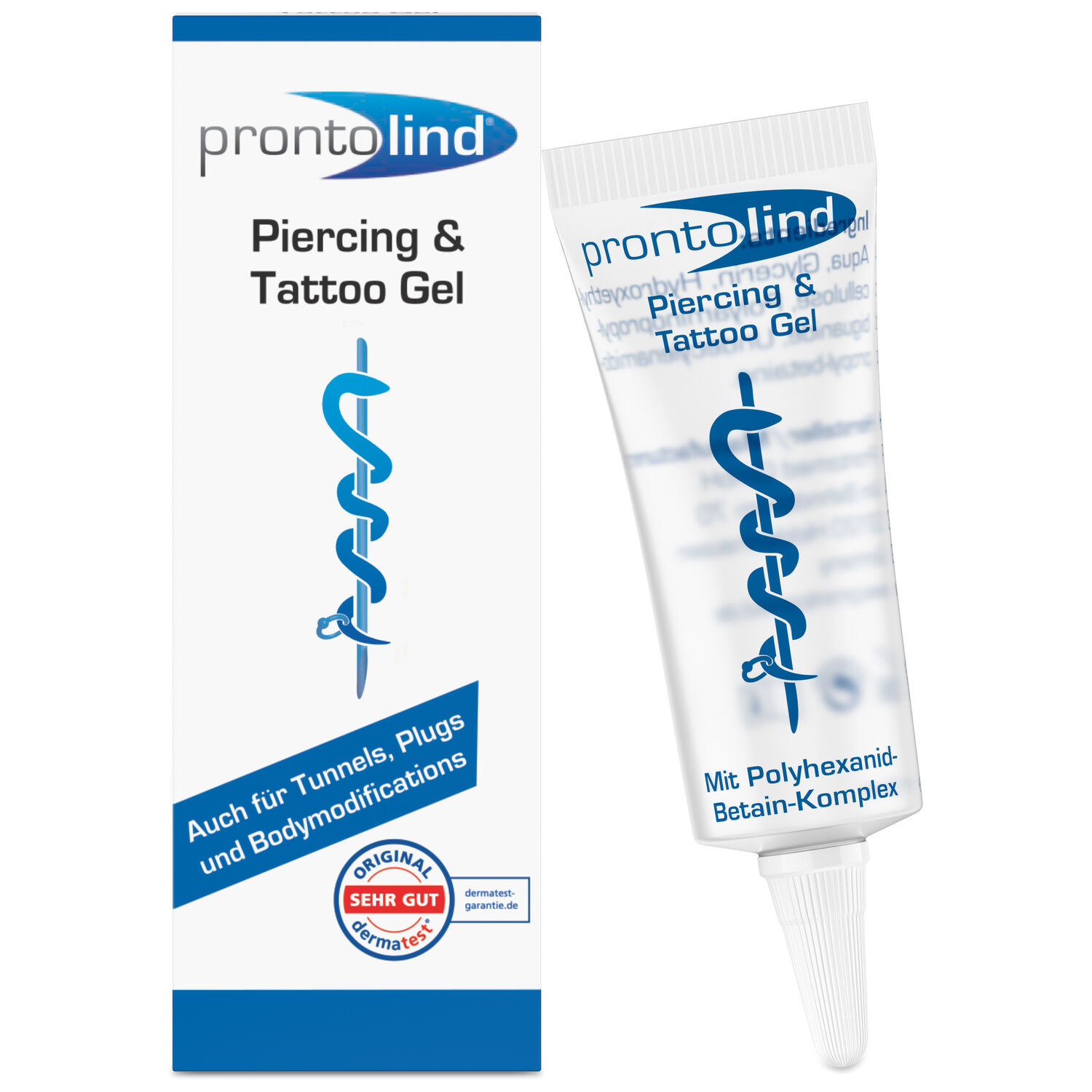 ProntoLind Tattoo & Piercing Gel 10 ml ProntoLind-geeli läpinäkyvässä tuubissa ja pakkauksessa valkoisella taustalla