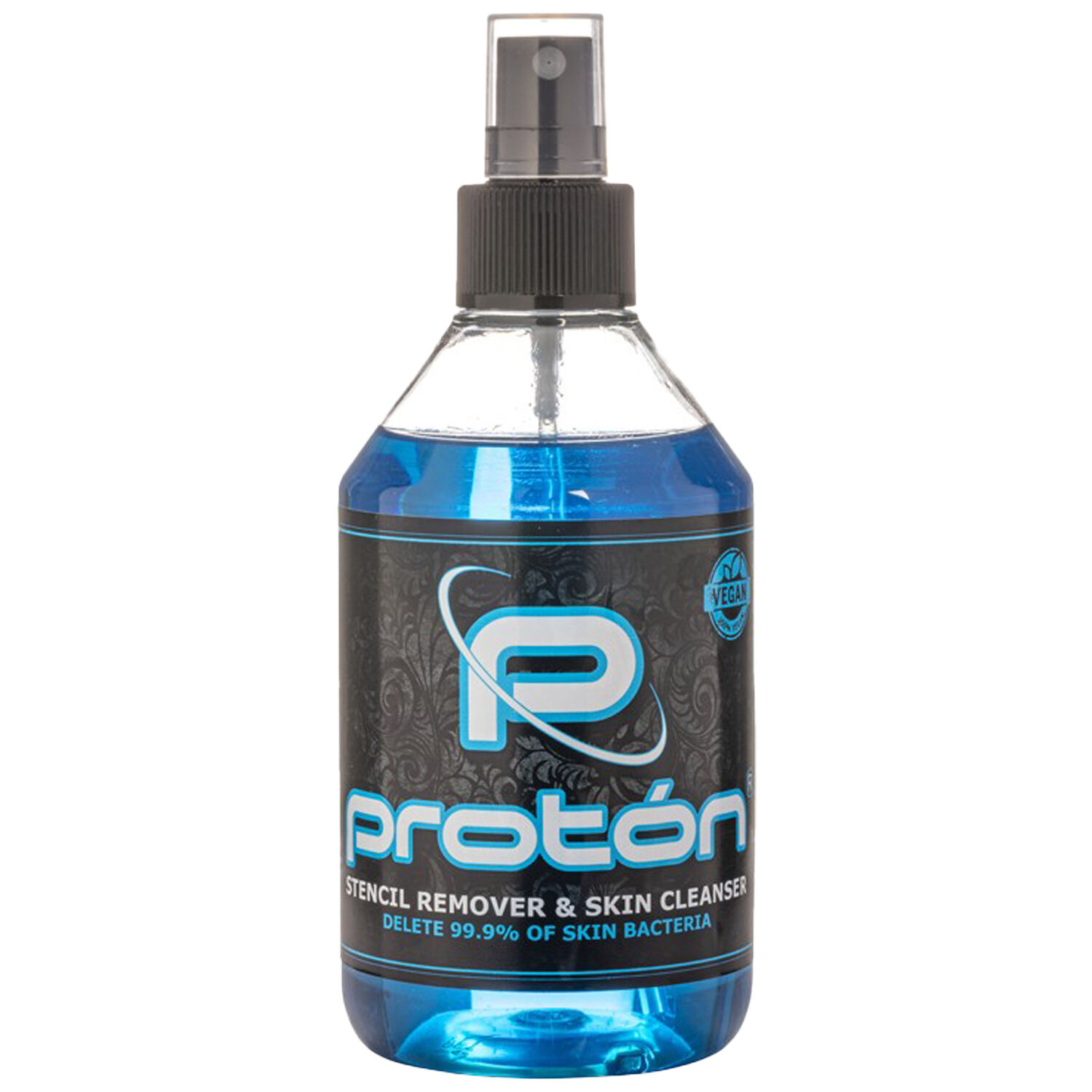 Proton Stencil Remover Blue -pullo suihkepäällä valkoisella taustalla