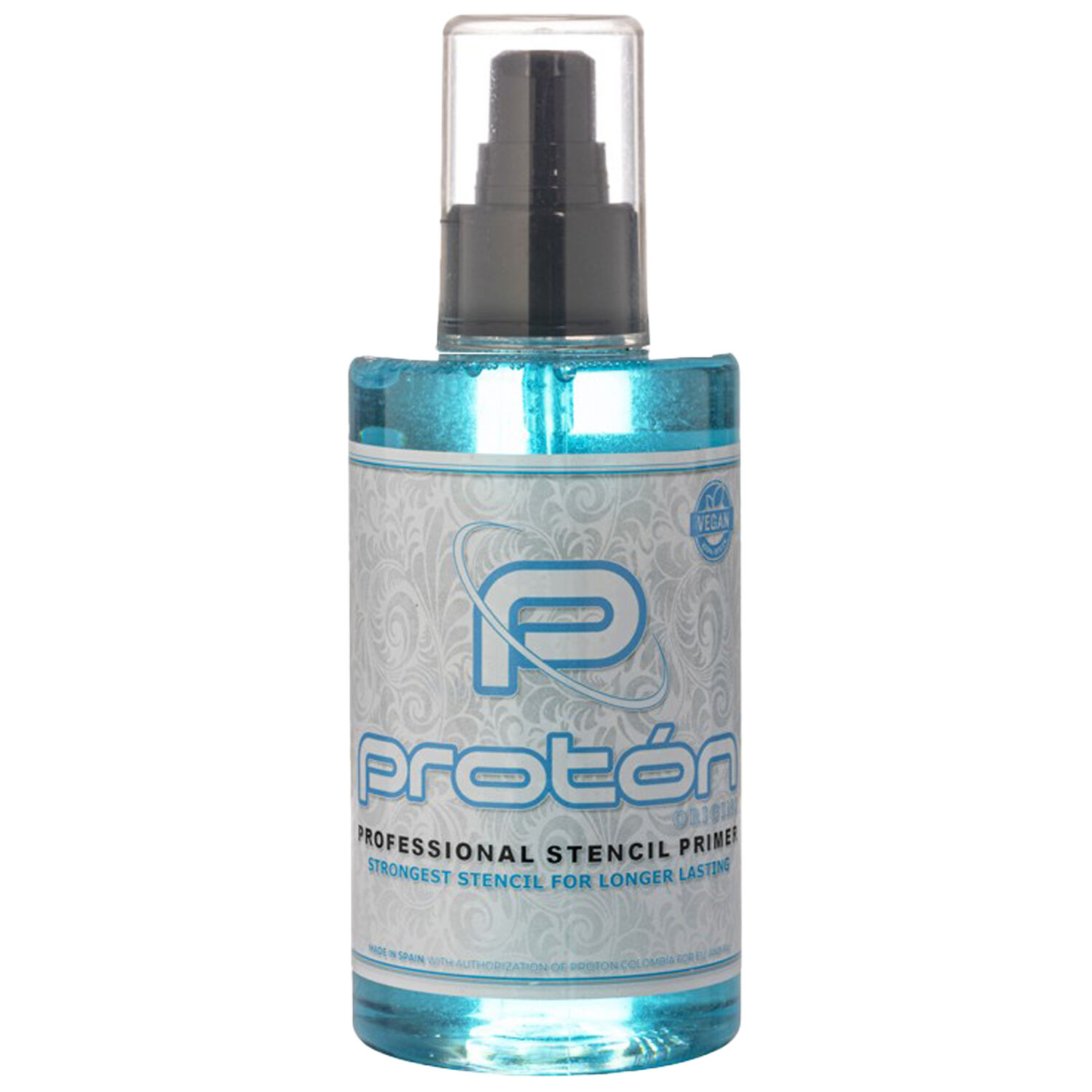 Läpinäkyvä 200ml Proton Stencil Primer -pullo sinisellä etiketillä valkoisella taustalla