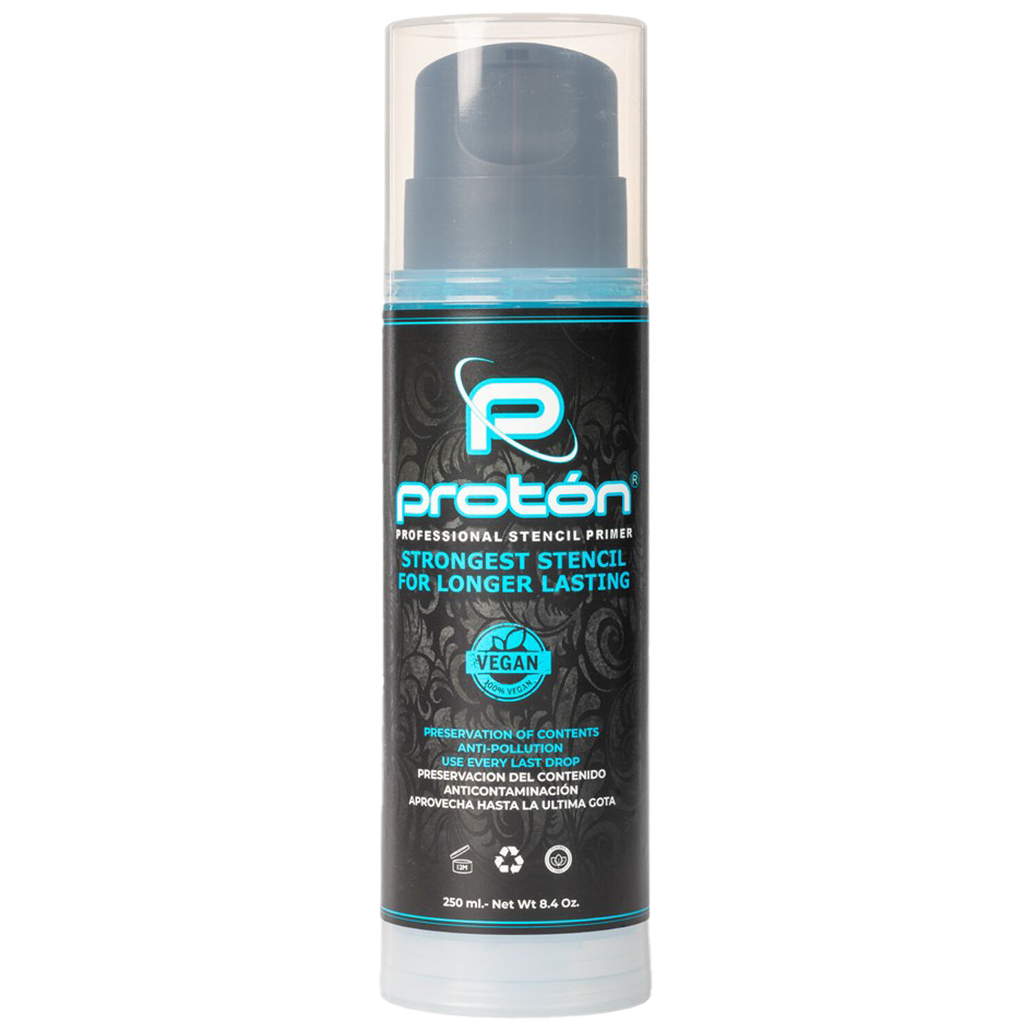Proton Airless Stencil Primer sininen, 250ml pullo valkoisella taustalla