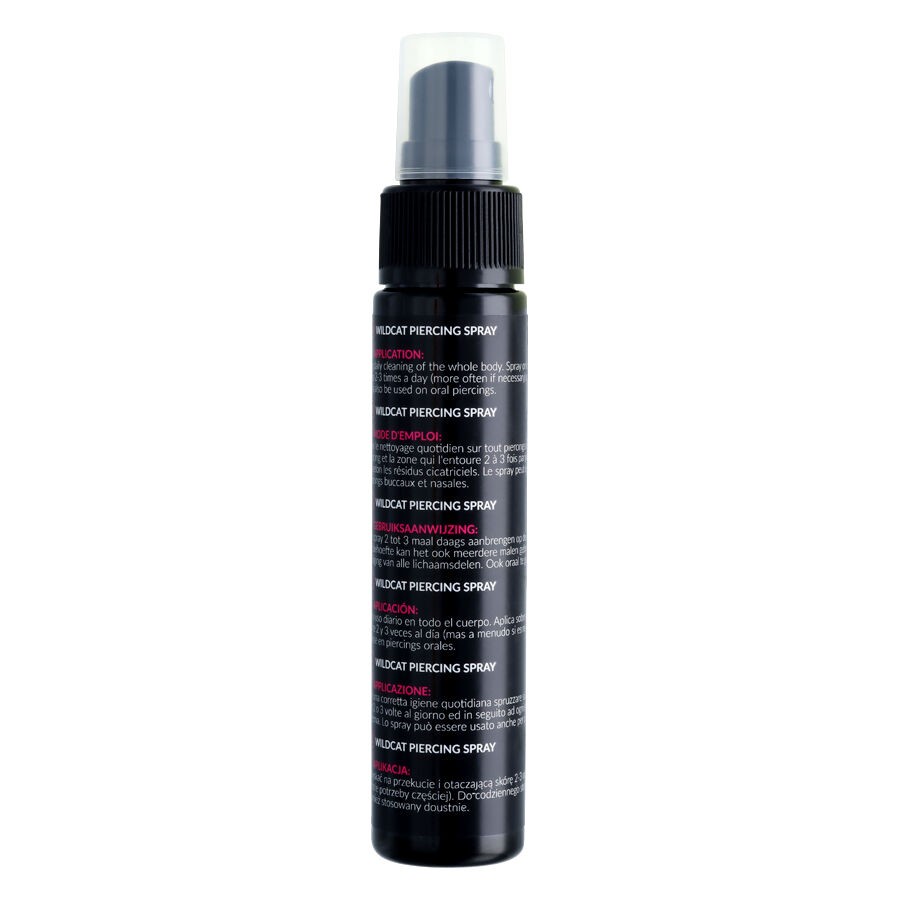 Piercingsuihke 60ml Aloe Veralla Musta suihkepullo, jossa on piercingsuihke, 60ml, valkoisella taustalla