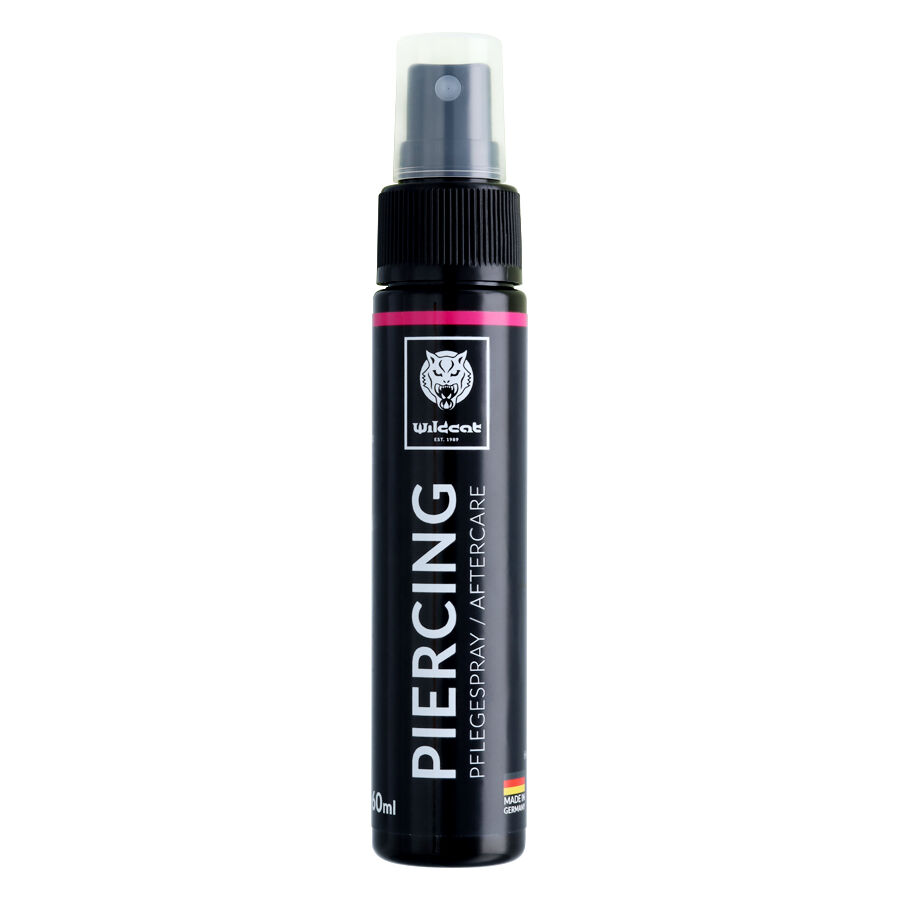 Wildcat Piercing Jälkihoitosuihke 30ml Musta spraypullo, jossa Wildcat-logo, teksti 'Piercing Jälkihoitosuihke', 30ml
