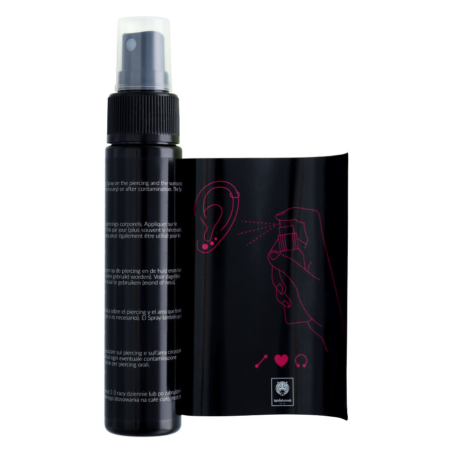 Piercingspray-setti 2x 60ml Musta Musta piercingspray-pullo ja pakkaus valkoisella taustalla