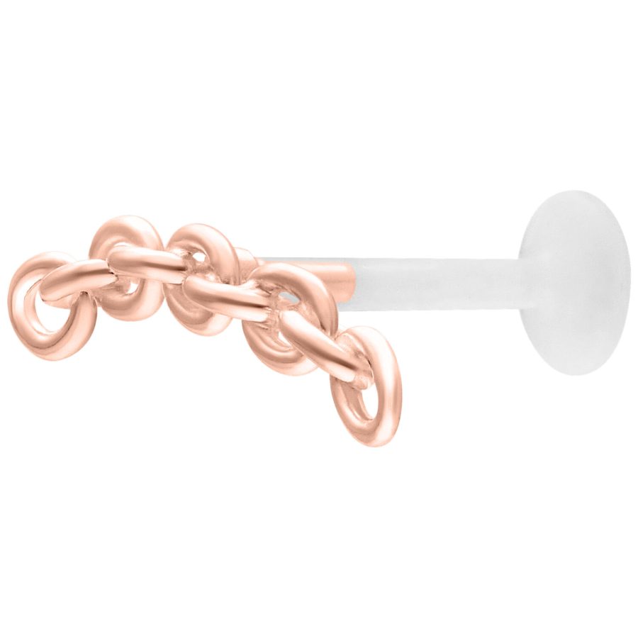 Ruusukultainen Anchorchain Labret Push Fitillä, 5,0 mm levy valkoisella taustalla