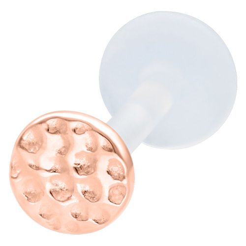 Rosékultainen labret-lävistys, 11 mm pitkä, vasaroidulla pinnalla valkoisella taustalla