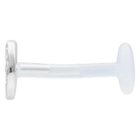 Hopeinen labret vasaroidulla ympyräpäällysteellä ja läpinäkyvällä tangolla valkoisella taustalla