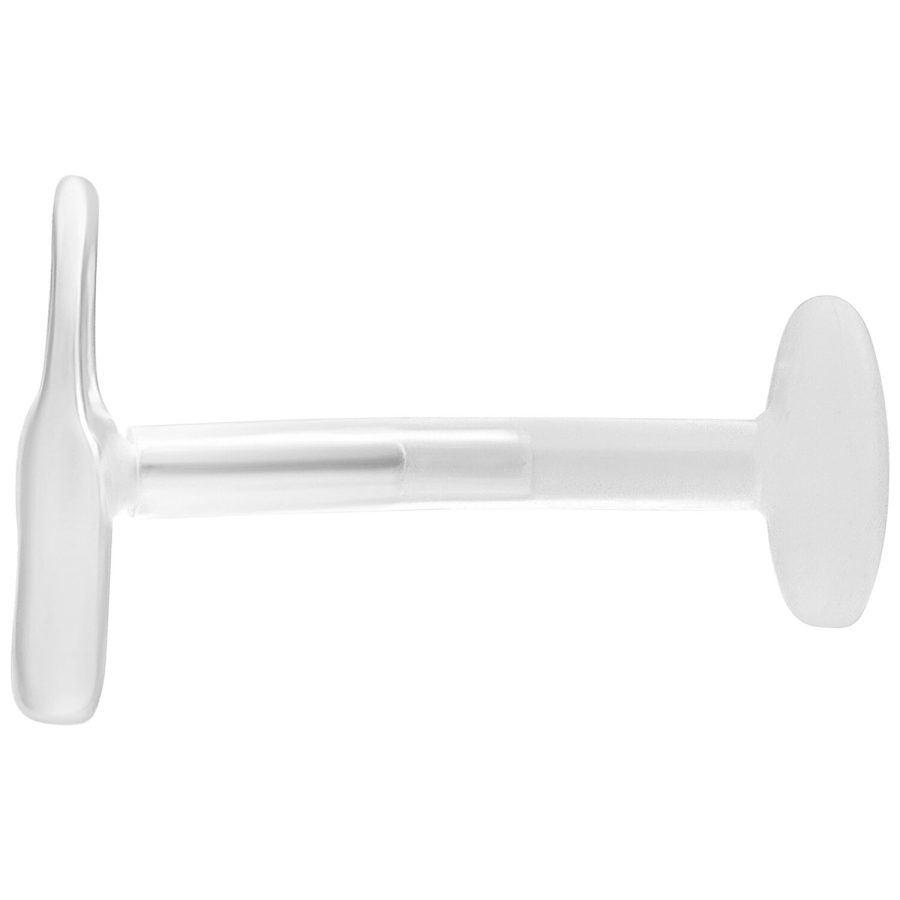 Hopeinen Labret-lävistyskoru Push Fit -mekanismilla ja 5,0 mm levyllä valkoisella taustalla