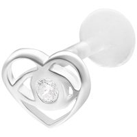 Hopeinen Lovely Eye Push Fit Labret -lävistys Hopeinen labret-lävistys sydämenmuotoisella ja kirkkaalla kivellä valkoisella taustalla