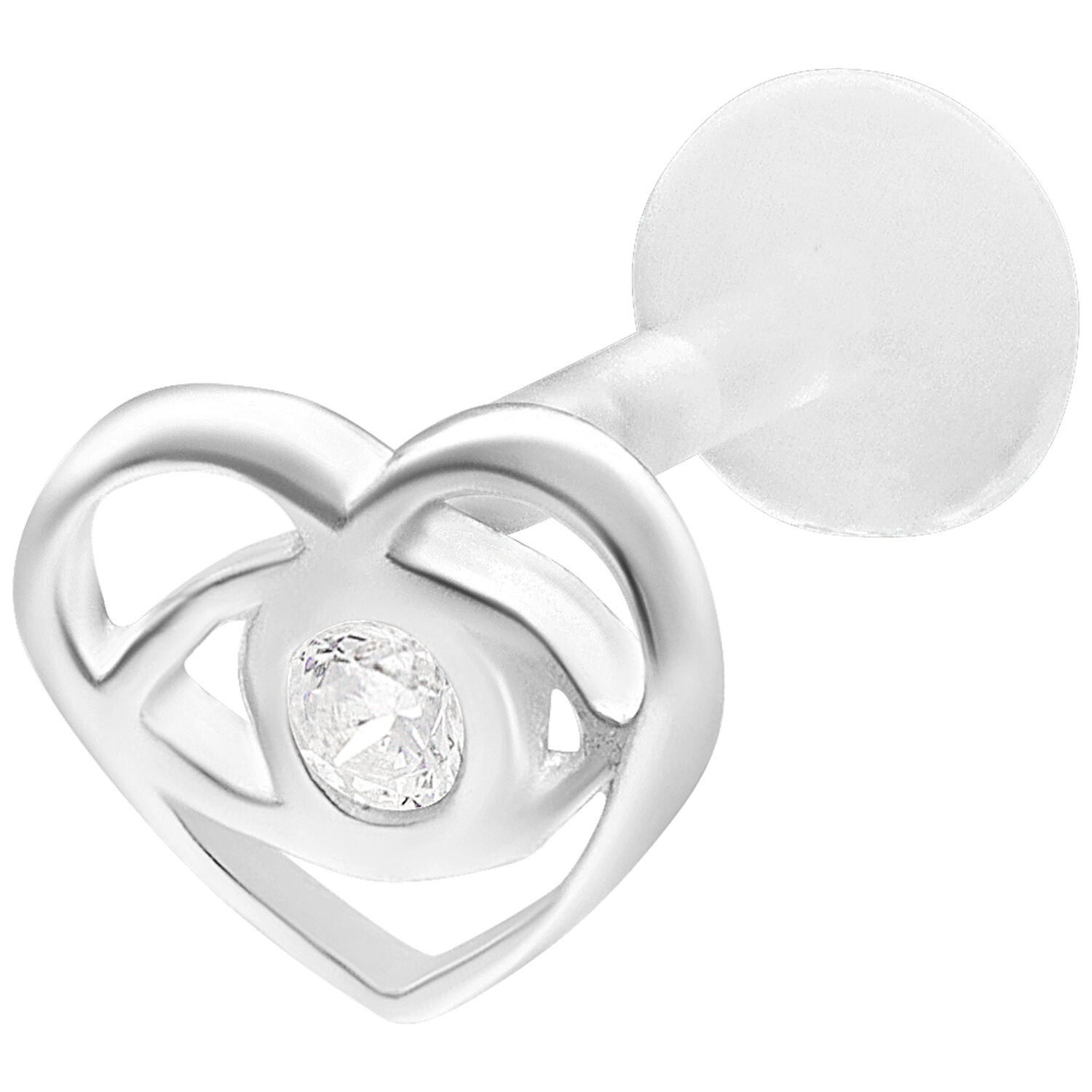 Hopeinen Lovely Eye Push Fit Labret -lävistys Hopeinen labret-lävistys sydämenmuotoisella ja kirkkaalla kivellä valkoisella taustalla