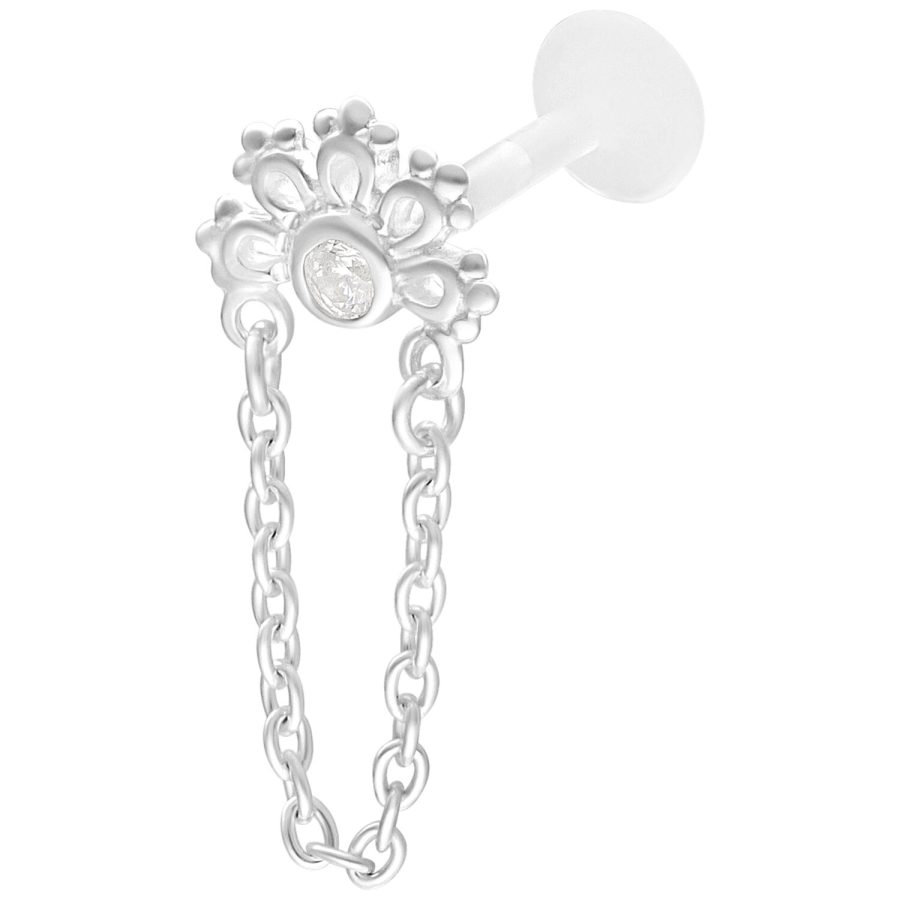 Hopeinen Push Fit labret kristallilla ja koristeellisella ketjulla valkoisella taustalla