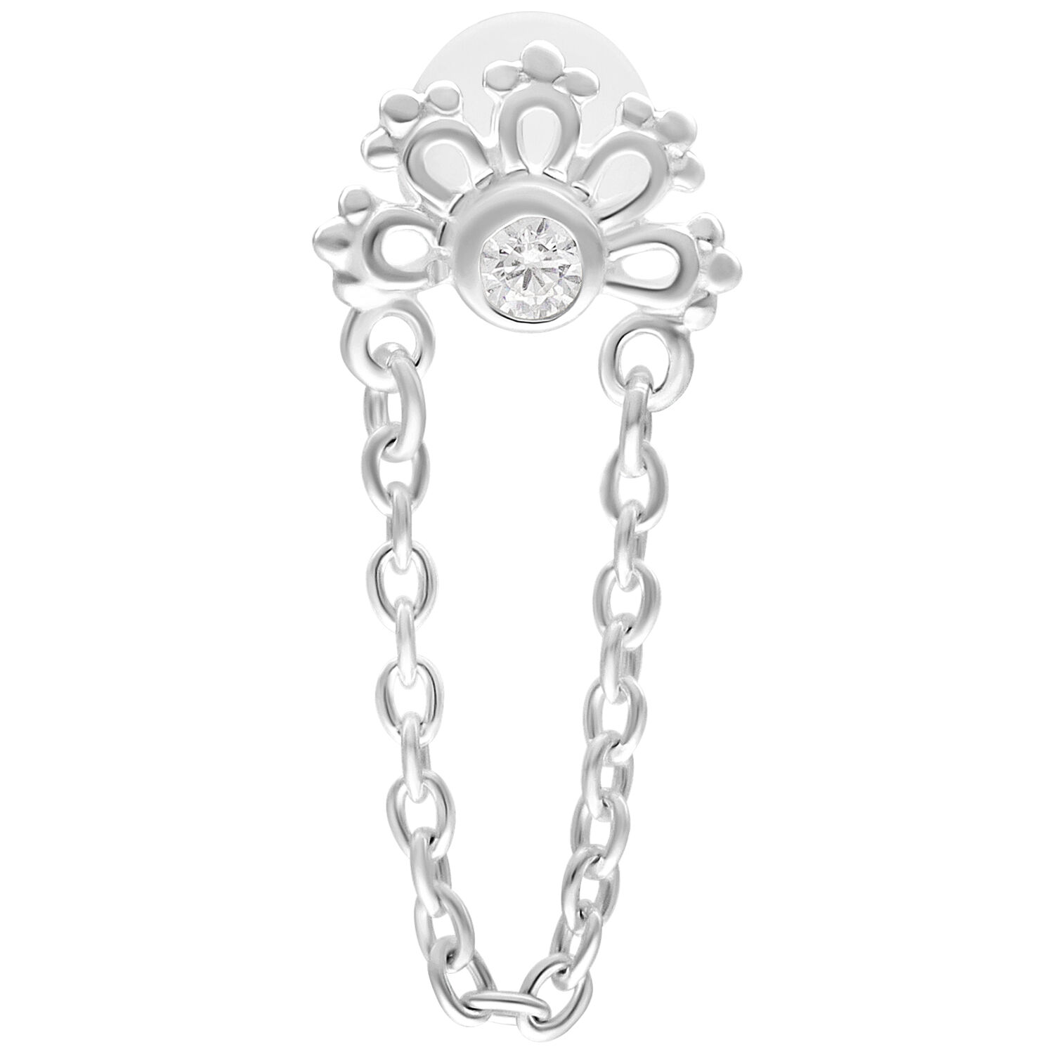 Hopeinen Crystal Sunrise Labret 5,0 mm Hopeinen labret kristallilla ja ketjuriipuksella valkoisella taustalla
