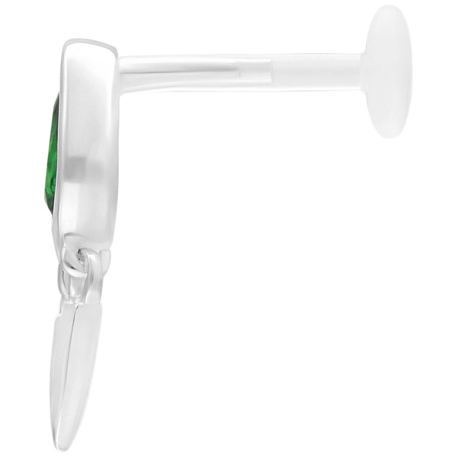 Hopeinen Push Fit labret vihreällä smaragdilla, 5mm pituus, sivukuva