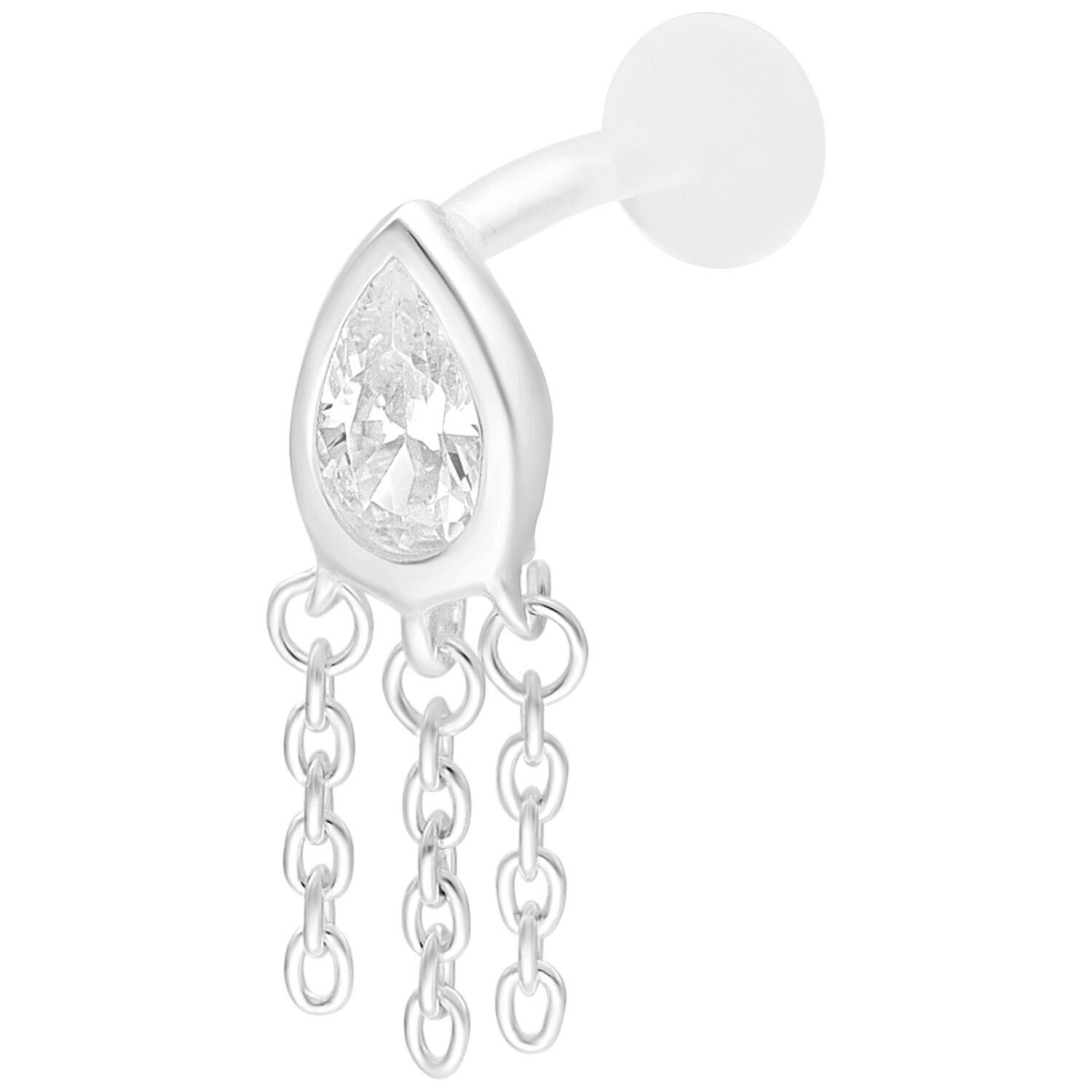 Linda Push Fit Labret ketjuilla ja kristallilla Hopeinen labret-lävistys pisarakristallilla ja kolmella ketjulla valkoisella taustalla