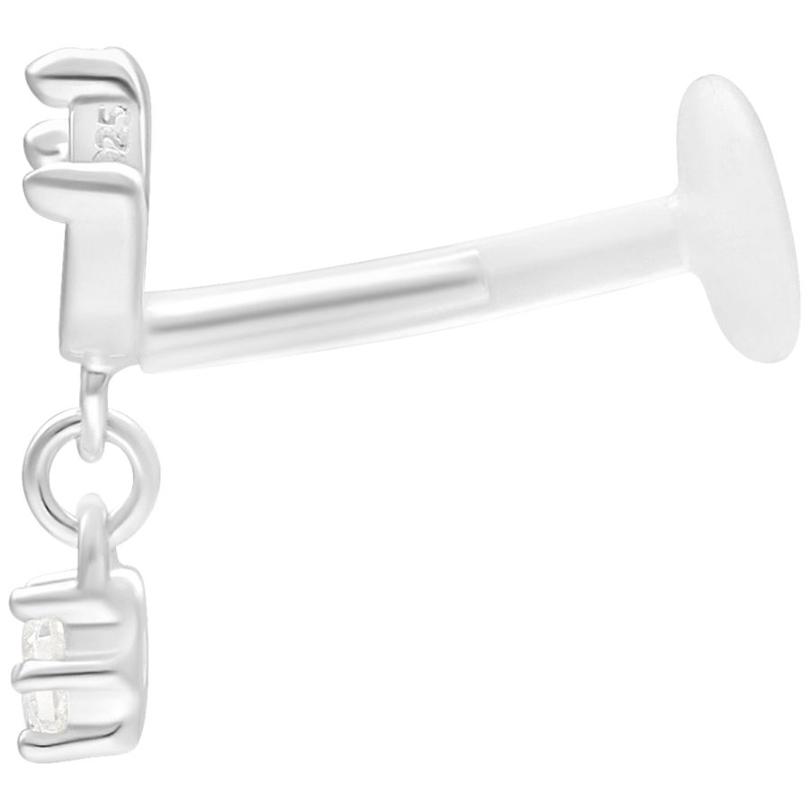 Hopeinen labret Push Fit -kiinnityksellä, 5 mm pitkä, valkoisella taustalla