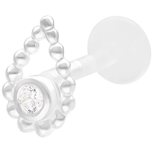 Hopeinen labret helmirenkaalla ja kivellä valkoisella taustalla