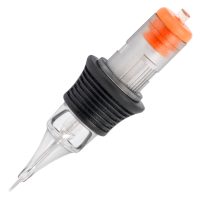 Tattoo Round Liner Cartridges Wildcatilta Tattoo Round Liner -patruuna kirurginteräksestä mustalla kahvalla ja oranssilla kärjellä.