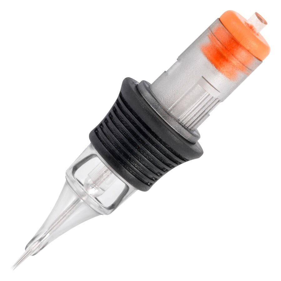 Tattoo Round Liner Cartridges Wildcatilta Tattoo Round Liner -patruuna kirurginteräksestä mustalla kahvalla ja oranssilla kärjellä.