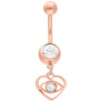 Ruusuinen Dangling Eye Bananabell 12mm Ruusukultainen Bananabell kirkkaalla kristallilla ja roikkuvalla sydänkuviolla valkoisella taustalla