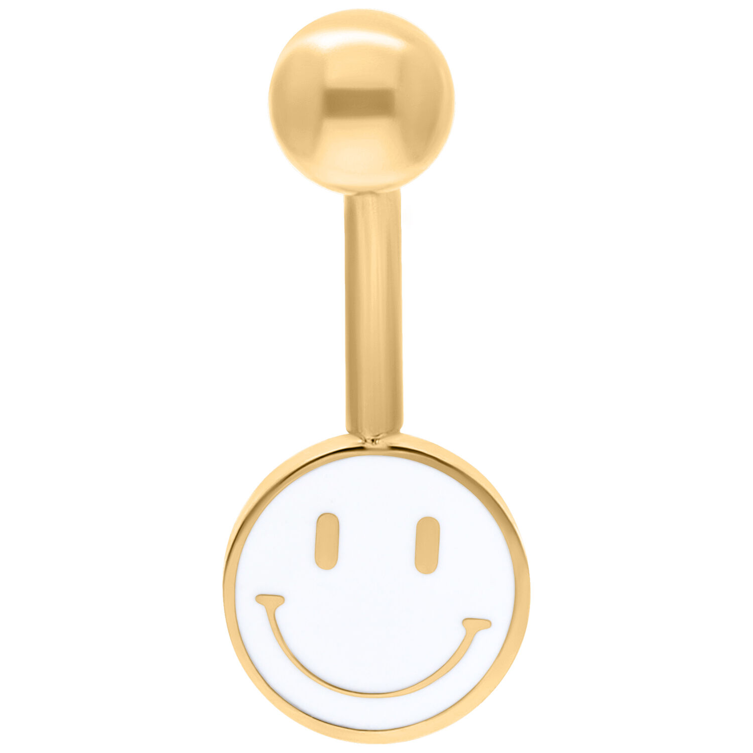 Kultainen Smiley Bananabell 10 mm Kultainen napakoru valkoisella hymiöriipuksella valkoisella taustalla
