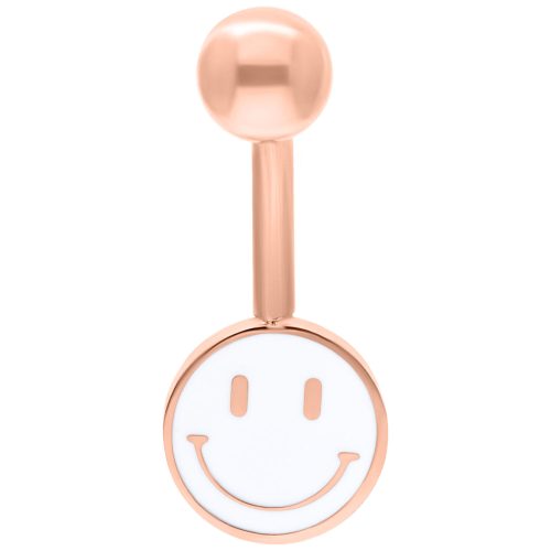 Napakoru, jossa on ruusukultainen Smiley-kuvio valkoisella taustalla